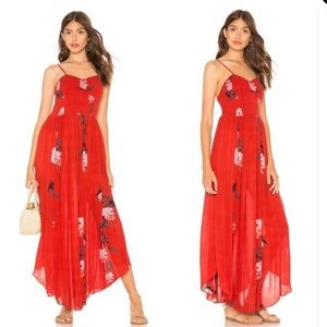 Free People Beau Red Floral Print Smocked Maxi Dress, Size L